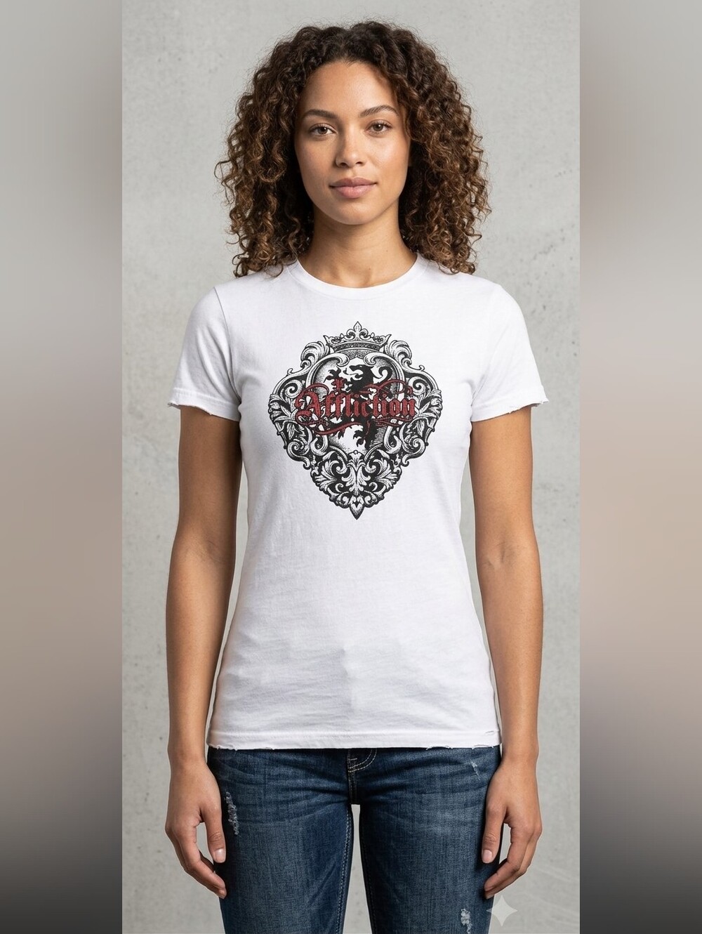 VTG Y2K Sinful by Affliction Graphic T-Shirt|Distressed Winged Crest White Lg